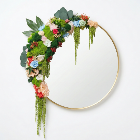 Aranjamente Florale - Oglinda Rotunda cu Flori si Plante Naturale Stabilizate