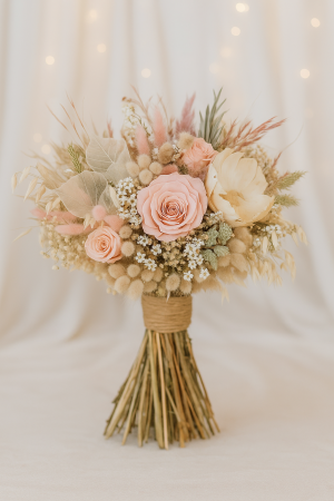 PENTRU NUNTA - POVESTEA IUBIRII - Buchet de mireasa cu trandafiri criogenati si flori/plante uscate/stabilizate