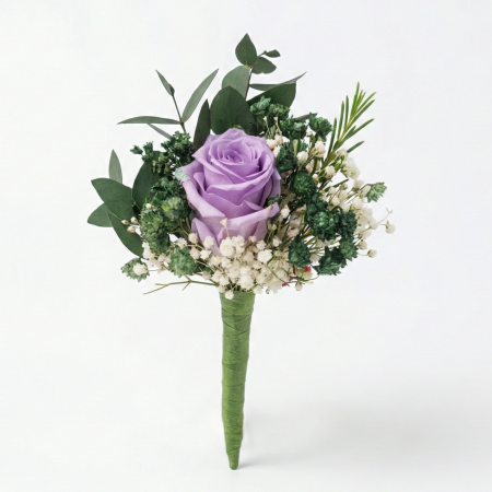 Nunta - PURPLE FLOWER - COCARDA CU TRANDAFIR CRIOGENAT SI PLANTE NATURALE STABILIZATE