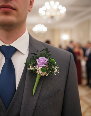 PENTRU NUNTA - PURPLE FLOWER - COCARDA CU TRANDAFIR CRIOGENAT SI PLANTE NATURALE STABILIZATE