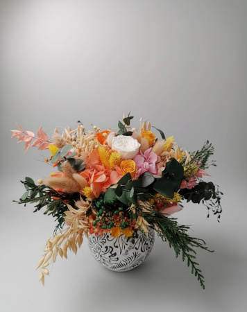 ARANJAMENTE FLORALE - Rapsodie Aurie - Aranjament Floral cu Trandafiri Criogenati si Plante Naturale Stabilizate
