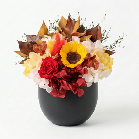 Colecția de Toamnă - Rasarit de Toamna - Aranjament in Vas Negru cu Floarea-Soarelui Criogenata