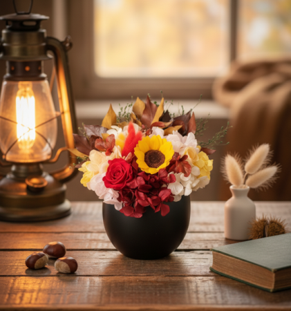 COLECTIA DE TOAMNA - Rasarit de Toamna - Aranjament in Vas Negru cu Floarea-Soarelui Criogenata