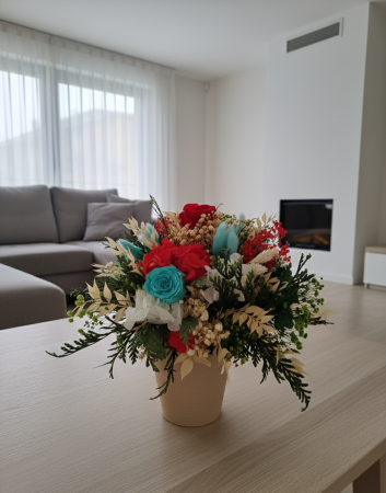 ARANJAMENTE FLORALE - Red Energy - Aranjament Floral cu Trandafir Rosu, Turcoaz si Alb