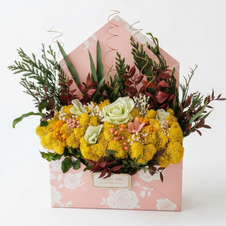Colecția de Toamnă - SCRISOARE AURIE - ARANJAMENT IN FORMA DE PLIC CU LICHENI GALBENI SI FLORI CRIOGENATI