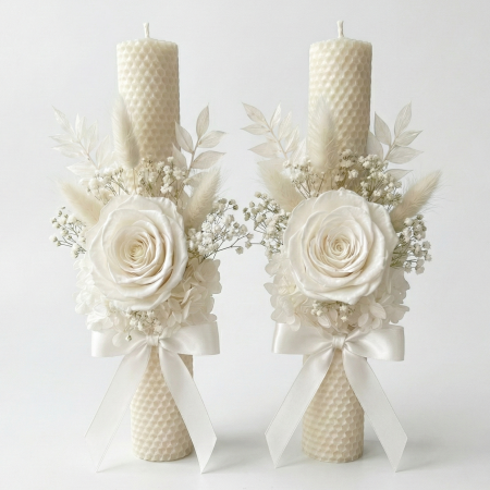 Nunta - Set 2 Lumânări Cununie „Celestia” – Flori Criogenate și Plante Stabilizate