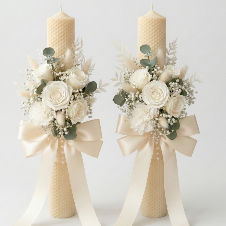 Nunta - Set 2 Lumânări Cununie cu Flori Criogenate și Trandafiri Albi – Classic Romance