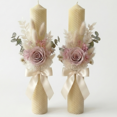 Nunta - Set 2 Lumânări Cununie Flori Criogenate Roz Prăfuit – Dusty Pink Romance