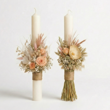 Nunta - Set 2 Lumânări Cununie Flori Criogenate și Trandafiri Piersică – Design Rustic