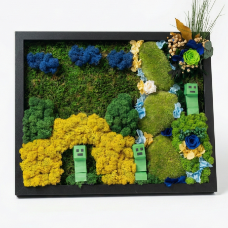 Cadouri Decorative - Tablou cu Licheni și Figurine Origami Minecraft – Decor Handmade pentru Camera Copilului