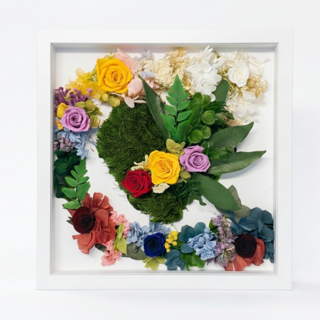 Pereți Vegetali Stabilizați - Tablou cu Mușchi Natural și Trandafiri Criogenati – Model "De la Întuneric la Lumină" – Ramă Albă Atelierul Creative Harmony