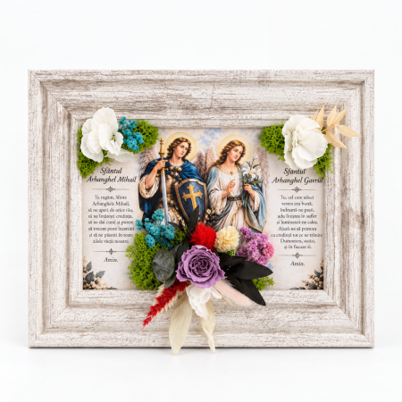 Cadouri Decorative - Tablou cu Trandafir Criogenat Mov și Licheni - Sfinții Arhangheli Mihail și Gavriil - Atelierul Creative Harmony