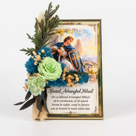 Tablouri Cu Licheni - Tablou cu Trandafir Criogenat Verde si Plante Stabilizate- Sfântul Arhanghel Mihail - Atelierul Creative Harmony