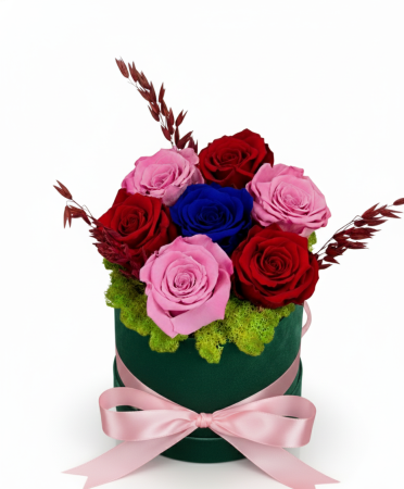 Trio Regal - Cutie Catifea cu Trandafiri Criogenati Rosii Roz Albastri [1]