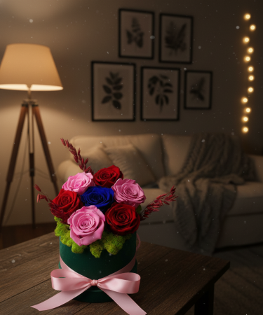 Trio Regal - Cutie Catifea cu Trandafiri Criogenati Rosii Roz Albastri [2]