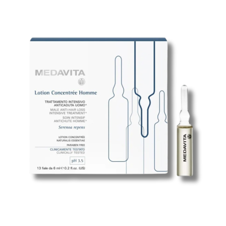 Toate Produsele - Set fiole Medavita Lotion Concentrée Homme și cutie prezentare – Anticădere bărbați cu Serenoa repens