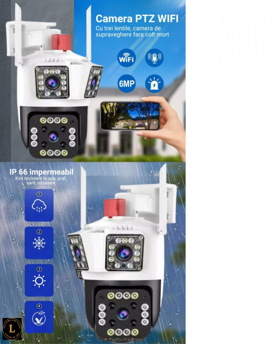 Camera de Supraveghere cu 3 Lentile, Aplicatie Mobila, Rotire Orizontala si Verticala, Camera PTZ, Zoom 4X, Rezistenta la Apa, Vant, Ninsori, Vedere Nocturna si Panoramica, Alarma, Alba [6]