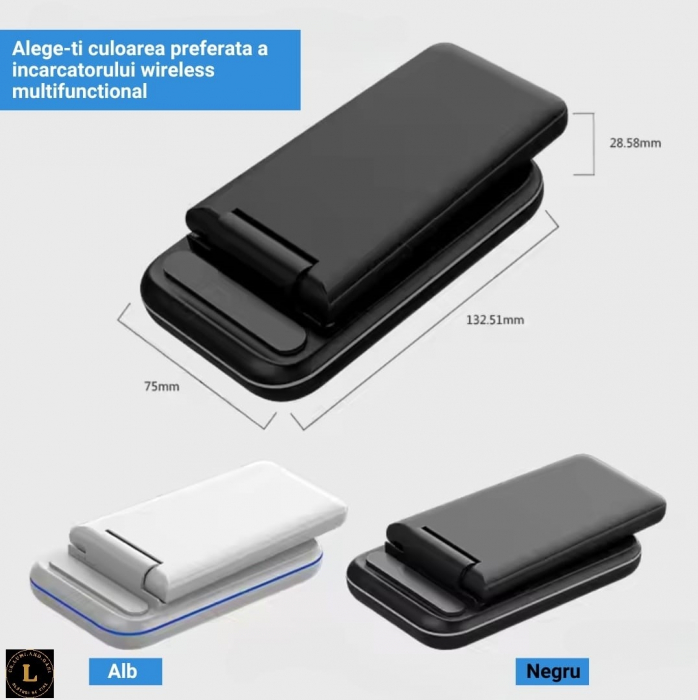 Incarcator wireless pliabil 3 in 1, iPhone, AppleWatch, AirPods, Wireless, Fast Charge 15W, lumina ambientala LED, Alb [15]