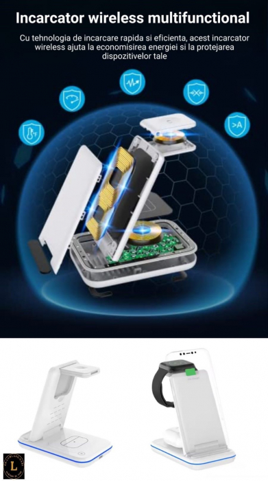 Incarcator wireless pliabil 3 in 1, iPhone, AppleWatch, AirPods, Wireless, Fast Charge 15W, lumina ambientala LED, Alb [3]