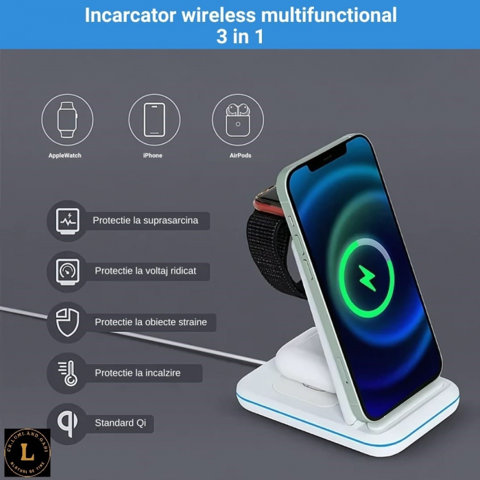 Incarcator wireless pliabil 3 in 1, iPhone, AppleWatch, AirPods, Wireless, Fast Charge 15W, lumina ambientala LED, Alb [11]