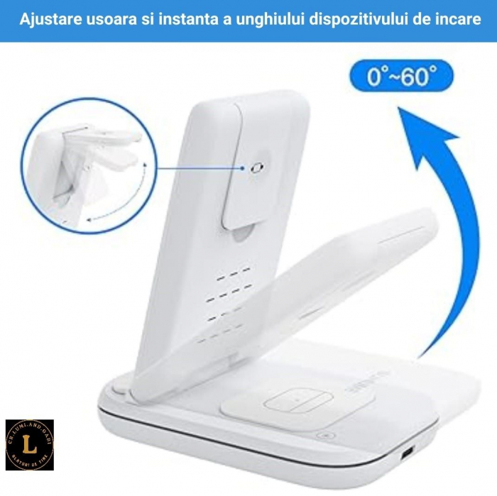 Incarcator wireless pliabil 3 in 1, iPhone, AppleWatch, AirPods, Wireless, Fast Charge 15W, lumina ambientala LED, Alb [10]