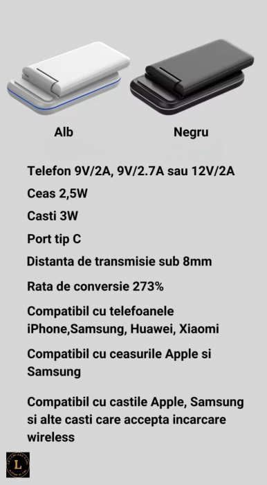 Incarcator wireless pliabil 3 in 1, iPhone, AppleWatch, AirPods, Wireless, Fast Charge 15W, lumina ambientala LED, Alb [13]