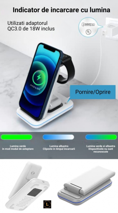 Incarcator wireless pliabil 3 in 1, iPhone, AppleWatch, AirPods, Wireless, Fast Charge 15W, lumina ambientala LED, Alb [2]