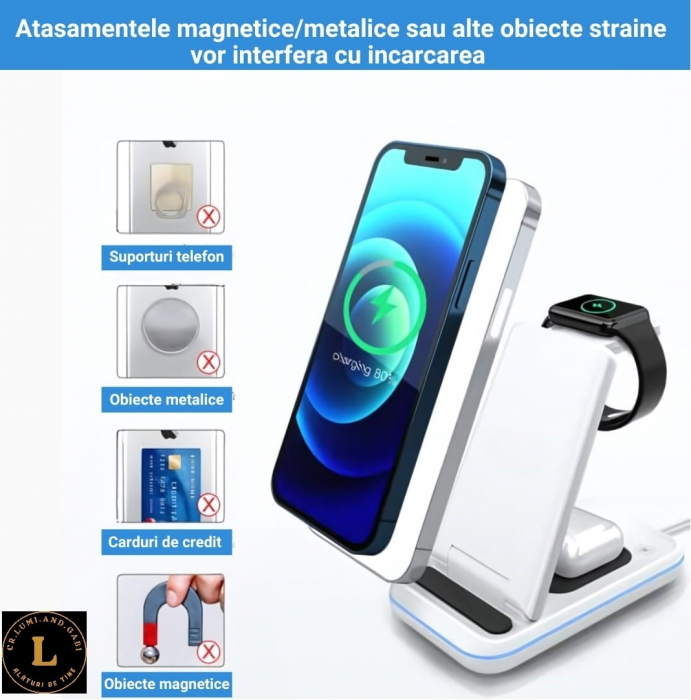Incarcator wireless pliabil 3 in 1, iPhone, AppleWatch, AirPods, Wireless, Fast Charge 15W, lumina ambientala LED, Alb [6]