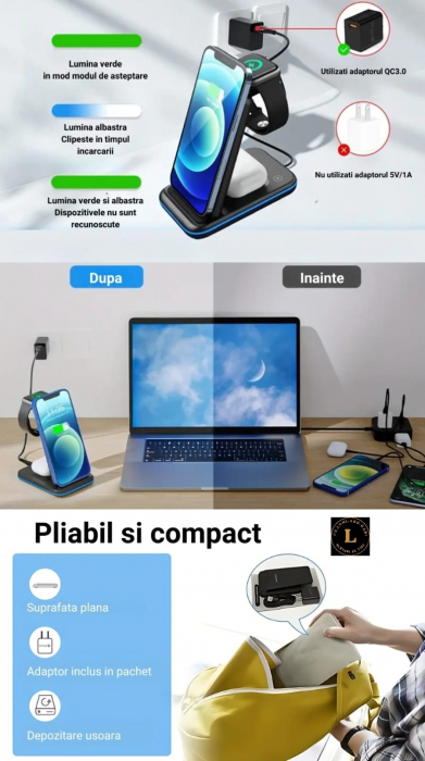 Incarcator wireless pliabil 3 in 1, iPhone, AppleWatch, AirPods, Wireless, Fast Charge 15W, lumina ambientala LED, Negru [8]