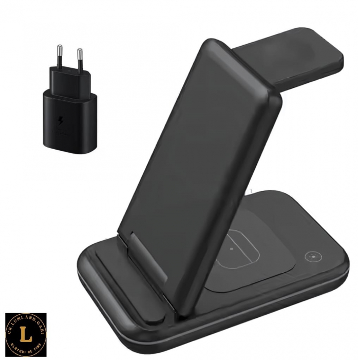Incarcator wireless pliabil 3 in 1, iPhone, AppleWatch, AirPods, Wireless, Fast Charge 15W, lumina ambientala LED, Negru [2]