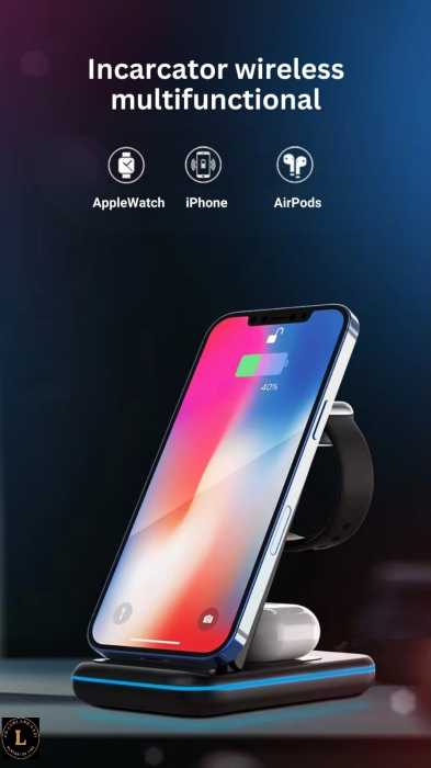 Incarcator wireless pliabil 3 in 1, iPhone, AppleWatch, AirPods, Wireless, Fast Charge 15W, lumina ambientala LED, Negru [7]