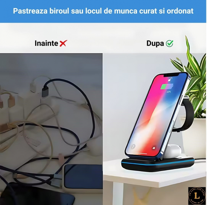 Incarcator wireless pliabil 3 in 1, iPhone, AppleWatch, AirPods, Wireless, Fast Charge 15W, lumina ambientala LED, Negru [13]