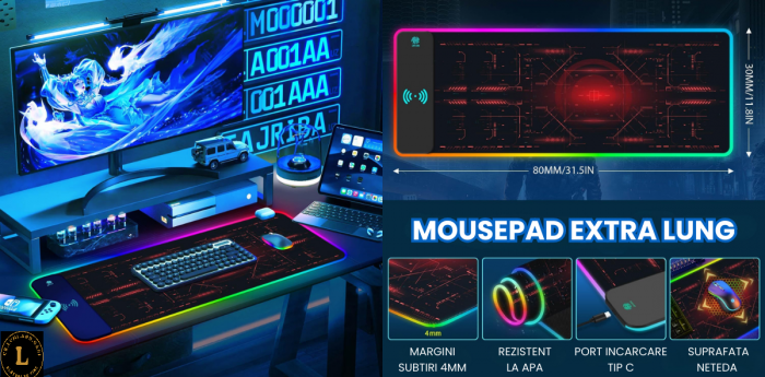 Mause pad de gaming 800x300x3MM cu incarcator wirless universal incorporat, ideal pentru pasionatii de jocuri [2]