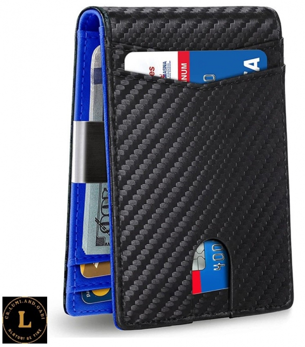 Portofel cu protectie RFID, slim, pentru Barbati, Negru-Albastru, dimensiuni 11x7.5x1.5cm, pentru o siguranta mai buna a cardurilor [2]