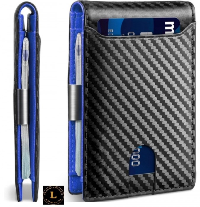Portofel cu protectie RFID, slim, pentru Barbati, Negru-Albastru, dimensiuni 11x7.5x1.5cm, pentru o siguranta mai buna a cardurilor [1]