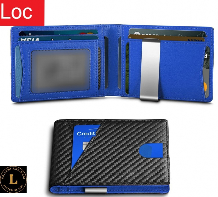 Portofel cu protectie RFID, slim, pentru Barbati, Negru-Albastru, dimensiuni 11x7.5x1.5cm, pentru o siguranta mai buna a cardurilor [3]