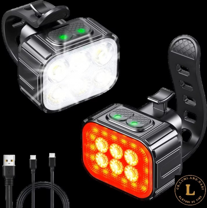 Set Lumini Bicicleta Reincarcabile USB - Fata Alba, Spate Rosie/Galbena - Vizibilitate Maxima si Siguranta [3]