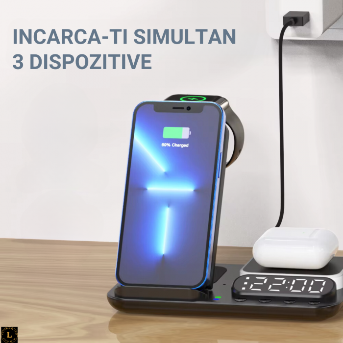 Statie de Incarcare Magnetica Fast Charge 18W, Ceas Digital cu Alarma, Lampa LED cu 3 Tipuri de Lumina, Compatibil cu iPhone, Samsung, Apple Watch, AirPods, cu Lumina de veghe, pentru o incarcare rapi [5]