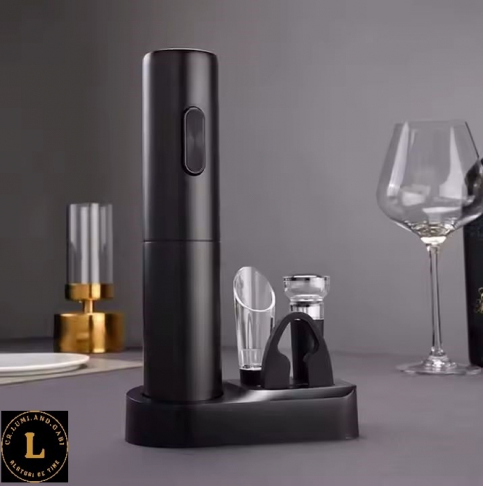 Tirbuson electric de vin Set automat de deschizator de vin. 6 in 1cu Baza, Accesoriu Taiat Folie, incarcare Type-C, dop de vid si aerator/varsator de vin, Calitate Premium [3]