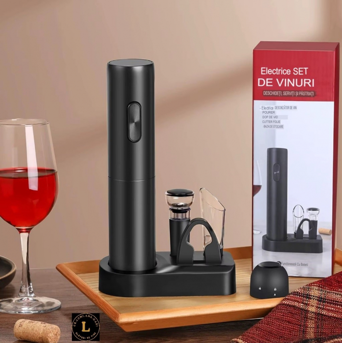 Tirbuson electric de vin Set automat de deschizator de vin. 6 in 1cu Baza, Accesoriu Taiat Folie, incarcare Type-C, dop de vid si aerator/varsator de vin, Calitate Premium [6]