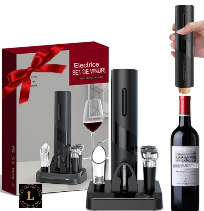 Tirbuson electric de vin Set automat de deschizator de vin. 6 in 1cu Baza, Accesoriu Taiat Folie, incarcare Type-C, dop de vid si aerator/varsator de vin, Calitate Premium [1]