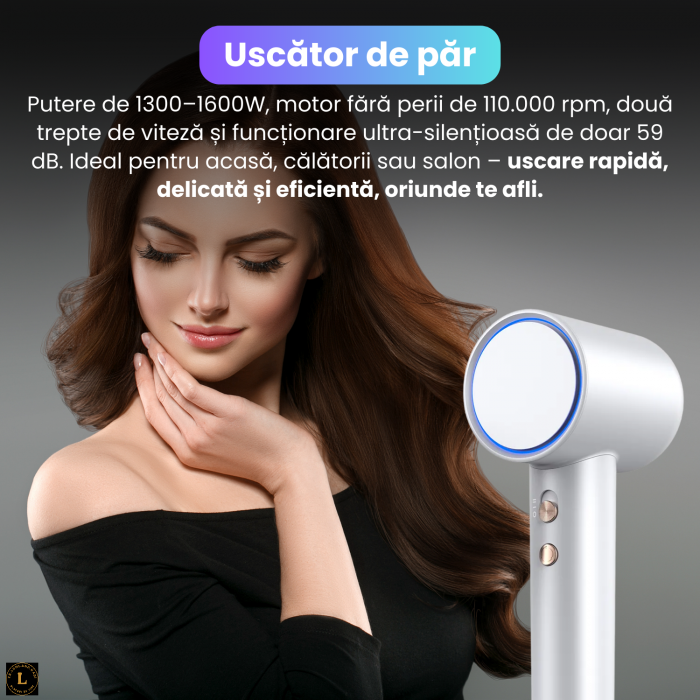 Uscator de par profesional cu motor digital 110000 rpm, tehnologie cu ioni negativi, afisaj HD inteligent, flux de aer 23 m/s, zgomot redus 59 dB, duza magnetica rotativa 360°, consum eficient 1300–1600W, argintiu [2]