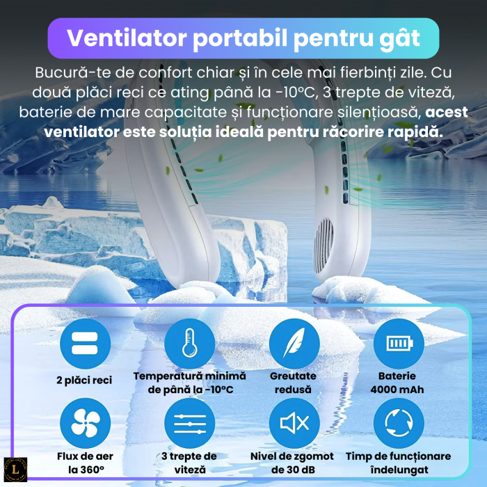 Ventilator portabil pentru gat cu placi reci, racire 3D 720°, 3 viteze, 4 zone de ventilatie, motor 5500rpm, baterie 4000mAh, racire instant, alb [2]