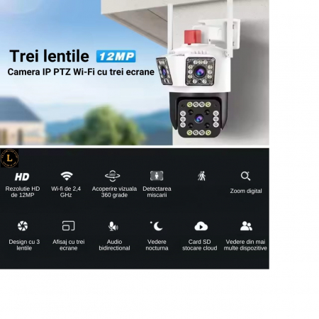 Camera de Supraveghere cu 3 Lentile, Aplicatie Mobila, Rotire Orizontala si Verticala, Camera PTZ, Zoom 4X, Rezistenta la Apa, Vant, Ninsori, Vedere Nocturna si Panoramica, Alarma, Alba [3]