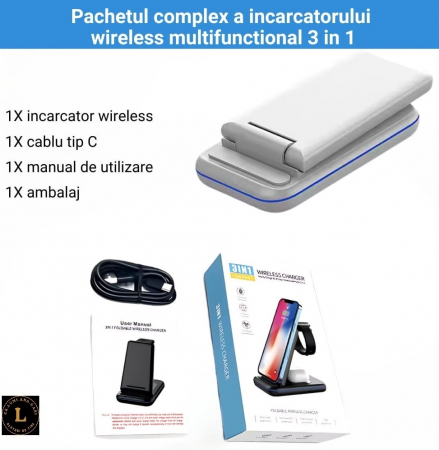 Incarcator wireless pliabil 3 in 1, iPhone, AppleWatch, AirPods, Wireless, Fast Charge 15W, lumina ambientala LED, Alb [8]