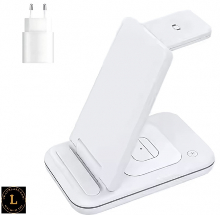 Incarcator wireless pliabil 3 in 1, iPhone, AppleWatch, AirPods, Wireless, Fast Charge 15W, lumina ambientala LED, Alb [15]