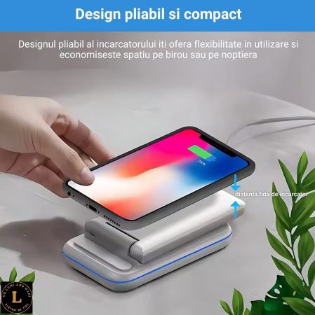 Incarcator wireless pliabil 3 in 1, iPhone, AppleWatch, AirPods, Wireless, Fast Charge 15W, lumina ambientala LED, Alb [13]