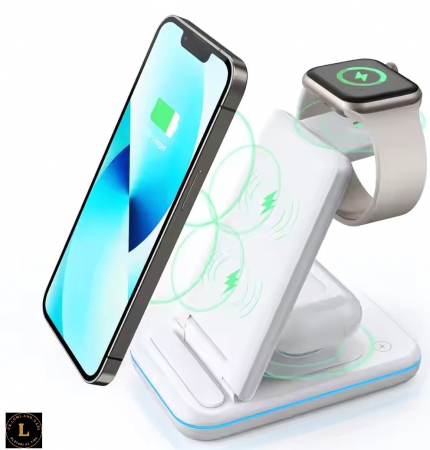 Incarcator wireless pliabil 3 in 1, iPhone, AppleWatch, AirPods, Wireless, Fast Charge 15W, lumina ambientala LED, Alb [4]