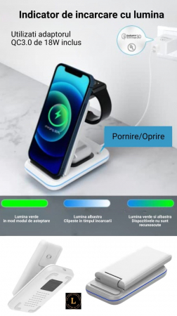Incarcator wireless pliabil 3 in 1, iPhone, AppleWatch, AirPods, Wireless, Fast Charge 15W, lumina ambientala LED, Alb [3]