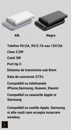 Incarcator wireless pliabil 3 in 1, iPhone, AppleWatch, AirPods, Wireless, Fast Charge 15W, lumina ambientala LED, Alb [12]